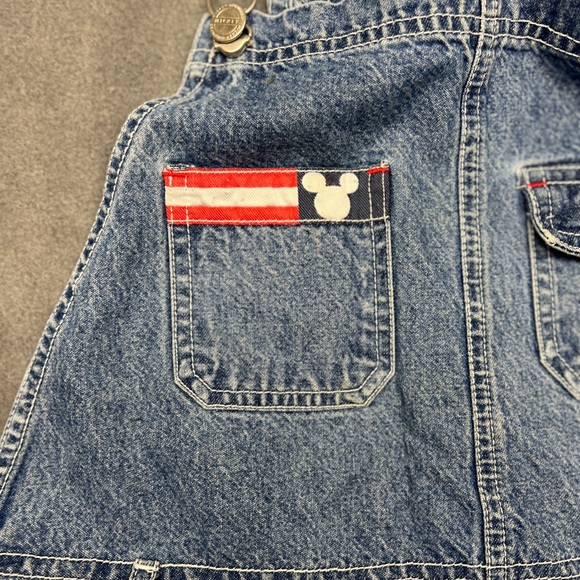 Mickey Mouse Denim Overall Bib Shorts Sz L USA Theme Blue Big Mickey Graphic - Picture 9 of 16